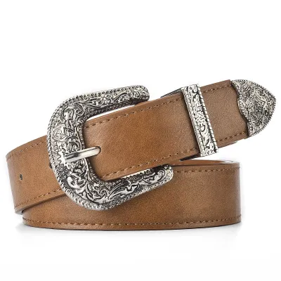 Women Fashion Retro Flower Graphic Buckle Pu Belt Imitation Leather 105cm