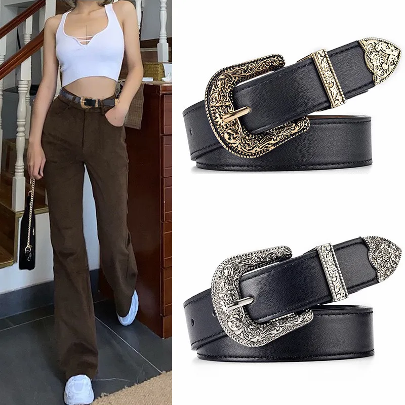 Women Fashion Retro Flower Graphic Buckle Pu Belt Imitation Leather 105cm