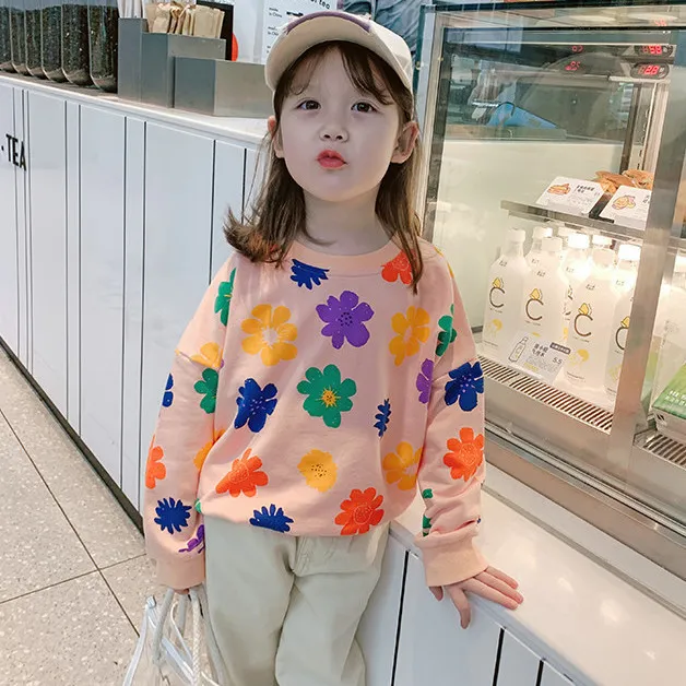 Kids Toddler Girls Fashion Floral Print Long Sleeve Cotton Sweatshirt