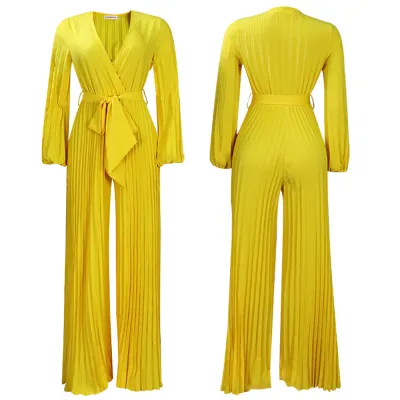 Women Elegant V-Neck Long Sleeve Pleated Wide-Leg Plus Size Jumpsuits