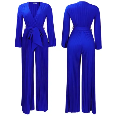 Women Elegant V-Neck Long Sleeve Pleated Wide-Leg Plus Size Jumpsuits