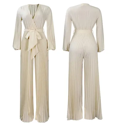 Women Elegant V-Neck Long Sleeve Pleated Wide-Leg Plus Size Jumpsuits