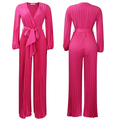 Women Elegant V-Neck Long Sleeve Pleated Wide-Leg Plus Size Jumpsuits