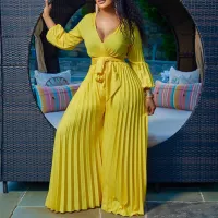 Women Elegant V-Neck Long Sleeve Pleated Wide-Leg Plus Size Jumpsuits