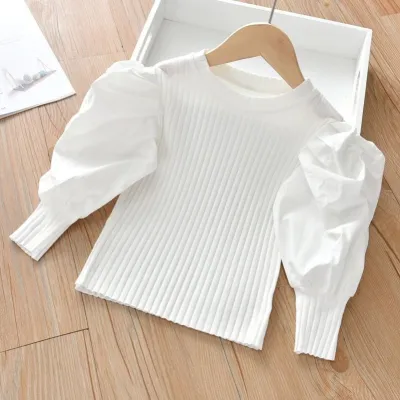 Kids Toddler Girls Fashion Puff Sleeve Fall Long Sleeve White Cotton Knit Sweater