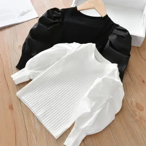 Kids Toddler Girls Fashion Puff Sleeve Fall Long Sleeve White Cotton Knit Sweater