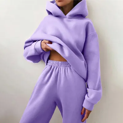 Women Casual Winter Solid Color Thickened Long-Sleeved Hoodie And Pants Two-Piece Set