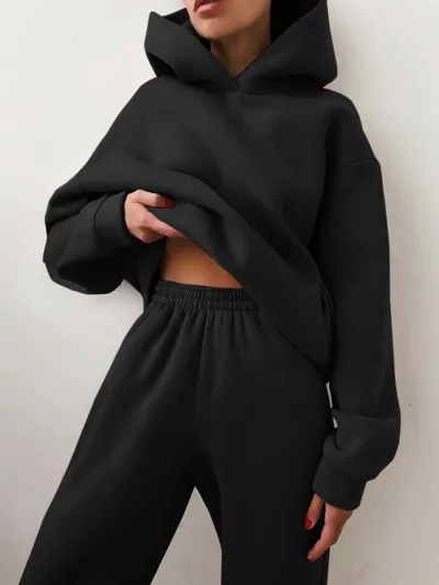 Women Casual Winter Solid Color Thickened Long-Sleeved Hoodie And Pants Two-Piece Set
