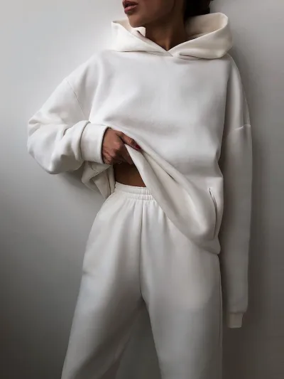 Women Casual Winter Solid Color Thickened Long-Sleeved Hoodie And Pants Two-Piece Set