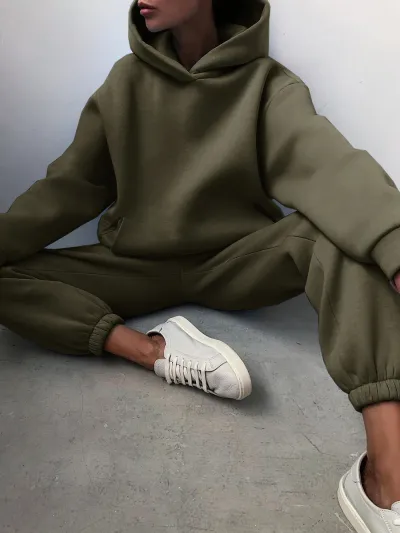 Women Casual Winter Solid Color Thickened Long-Sleeved Hoodie And Pants Two-Piece Set