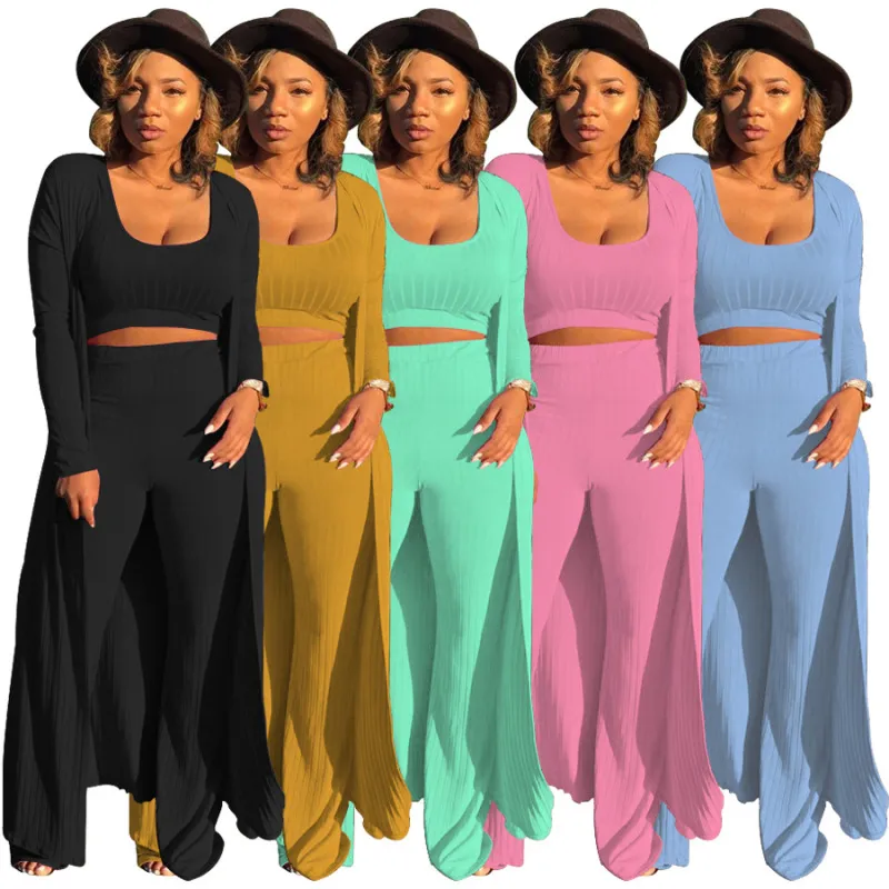 Women Solid Color Rib-knit Crop Top Pants Cardigan Three-Piece Set