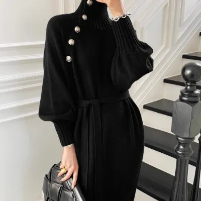 Women Elegant Solid Color Long Sleeves Bandage Autumn Winter Loose Turtle Neck Knitted Dress