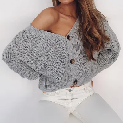 Women Casual Solid Color Long Sleeves V Neck Knitted Cardigan Autumn Sweater Coat