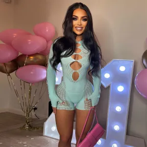 Women Mesh Flocking Hollow Nail Drill Sexy Rompers