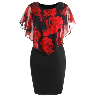 Women Elegant Floral Print Slim Ruffled Color Blocking Dress
