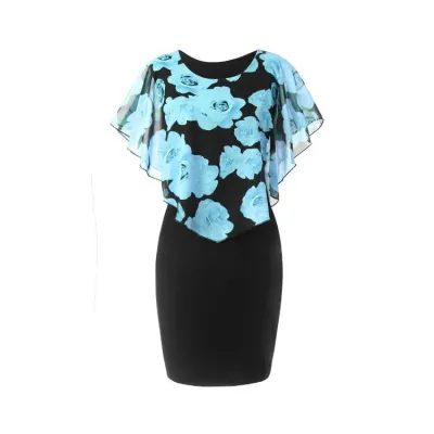 Women Elegant Floral Print Slim Ruffled Color Blocking Dress