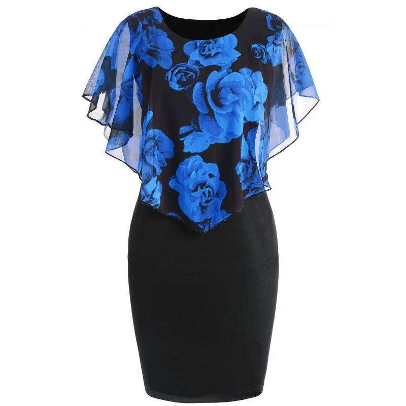 Women Elegant Floral Print Slim Ruffled Color Blocking Dress