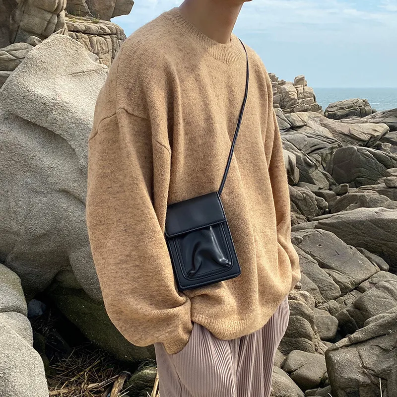 Men Casual Solid Color PU Messenger Bag with Single Shoulder Strap Small