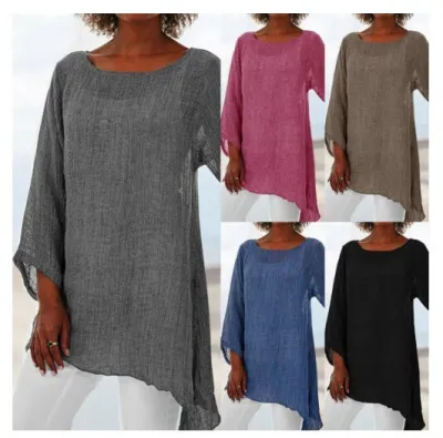 Plus Size Women Casual Solid Color Irregular Long Sleeve Loose T-shirt