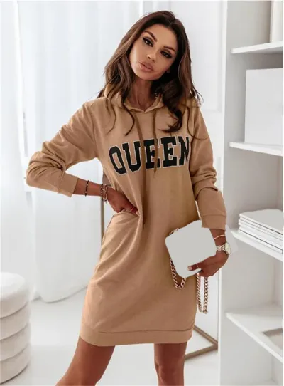 Autumn Winter Women Casual Long-Sleeved Hooded Letter Dress