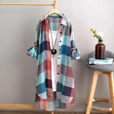 Vintage Women Mid-Length Plus Size Classic Plaid Pattern Shacket Blouse
