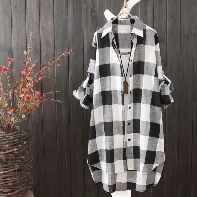 Vintage Women Mid-Length Plus Size Classic Plaid Pattern Shacket Blouse