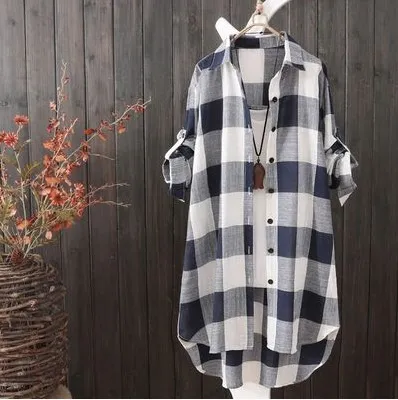 Vintage Women Mid-Length Plus Size Classic Plaid Pattern Shacket Blouse