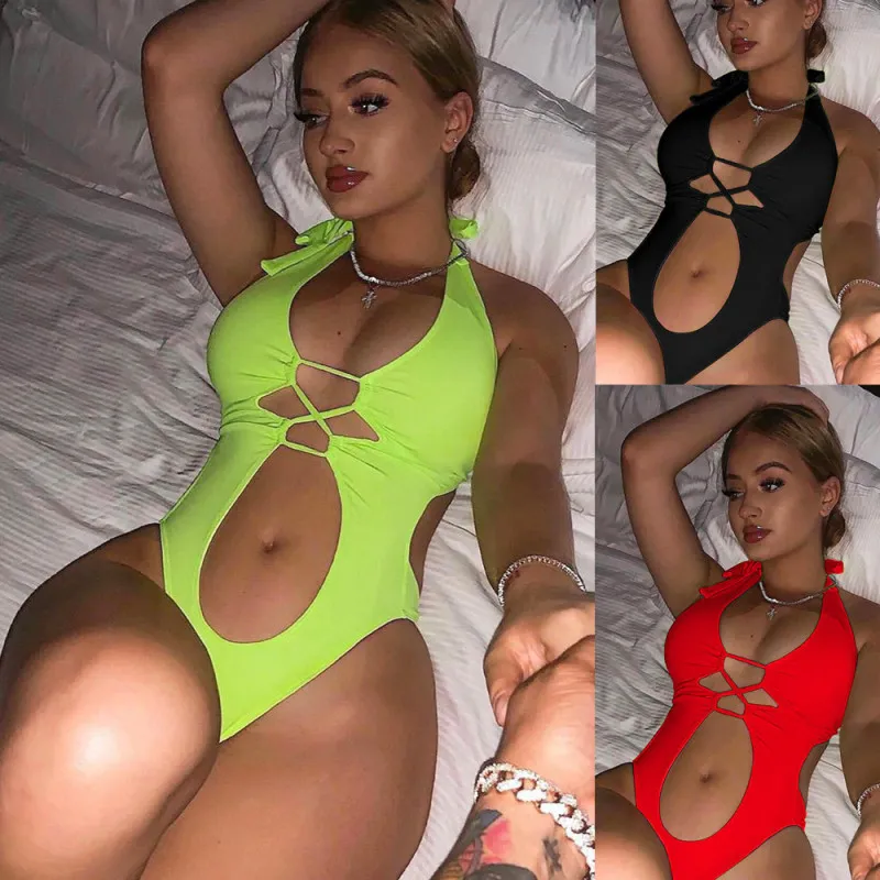 Women Halter Strap Solid Color One-Piece Swimsuit