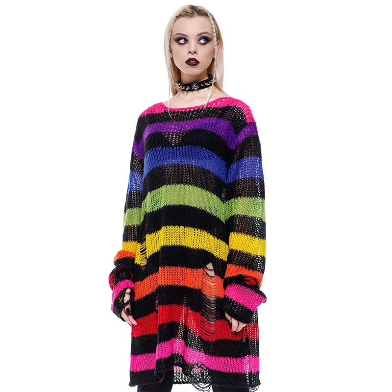 Women Punk Style Loose Rainbow Stripe Knit Sweater