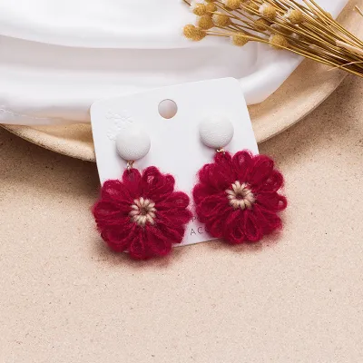 Women Fashion Wool Flower Daisy Braided Contrast Color Earrings