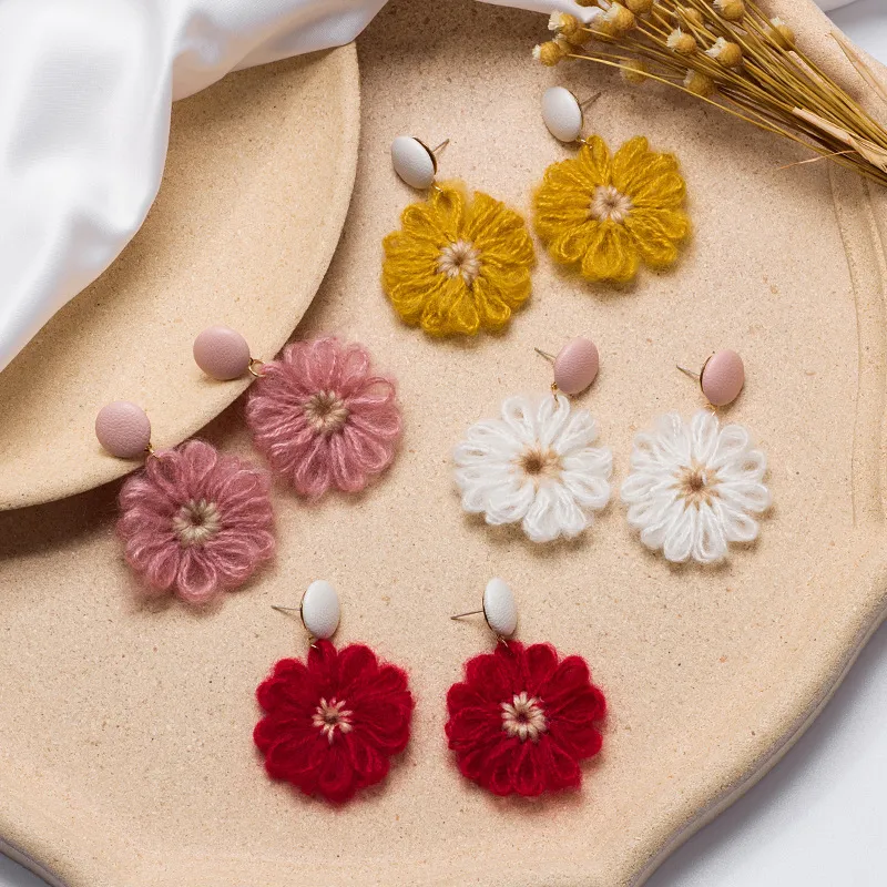 Women Fashion Wool Flower Daisy Braided Contrast Color Earrings