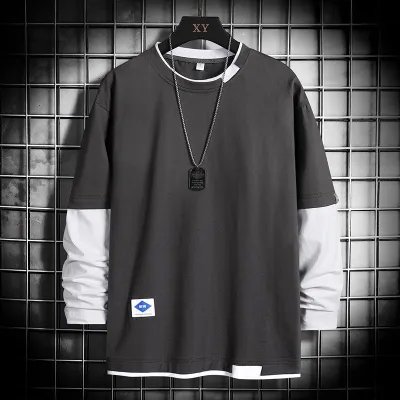 Men Casual Lettering Fake Two Loose Sweatshirt with Crew Neck
