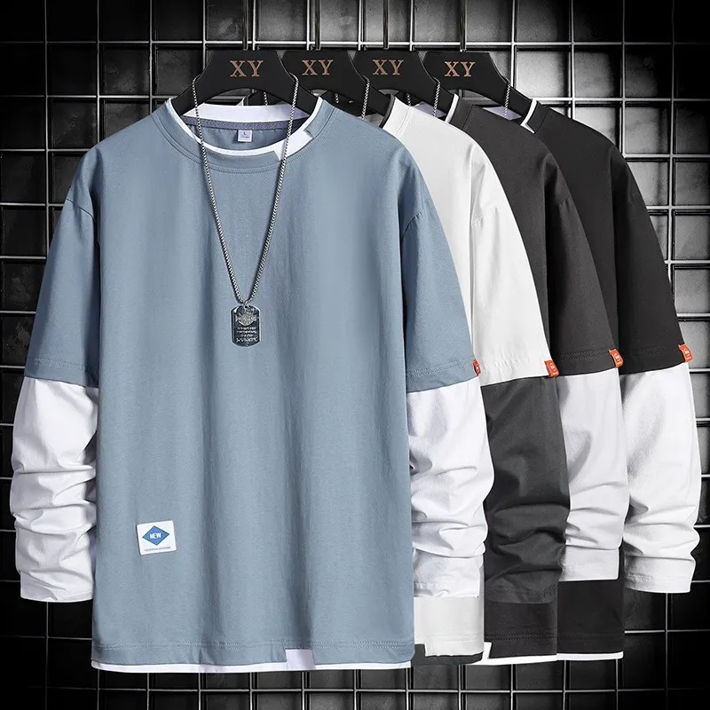 Men Casual Lettering Fake Two Loose Sweatshirt with Crew Neck