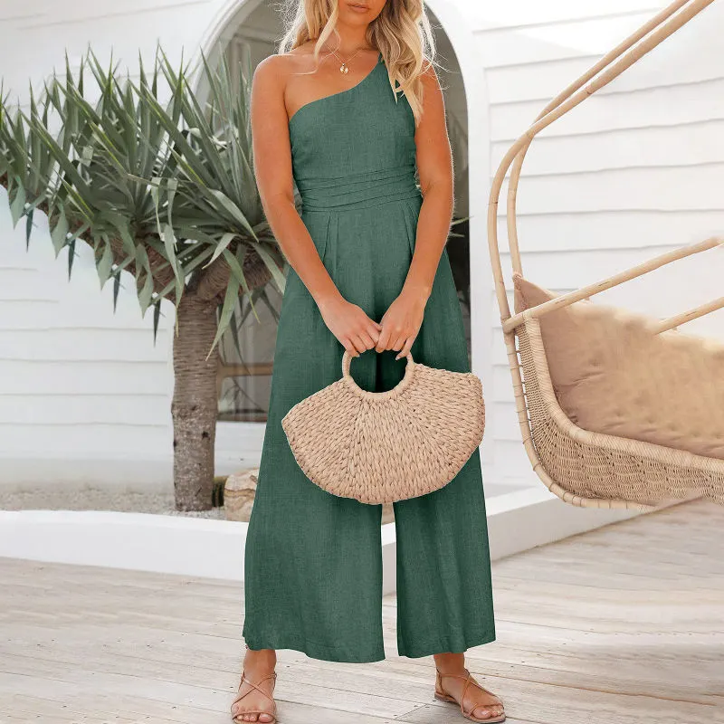 Women Single Strap Ruched High Waist Casual Wide Leg Jumpsuit