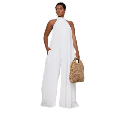 Women Halter Neck Solid Color Casual Chiffon Loose Jumpsuit