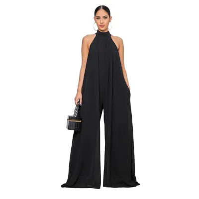 Women Halter Neck Solid Color Casual Chiffon Loose Jumpsuit
