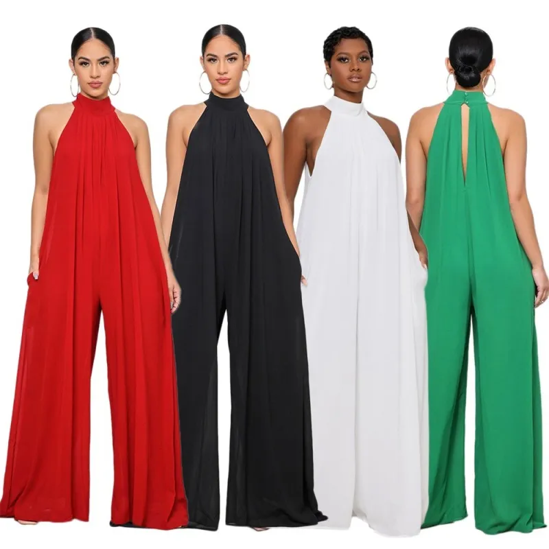 Women Halter Neck Solid Color Casual Chiffon Loose Jumpsuit