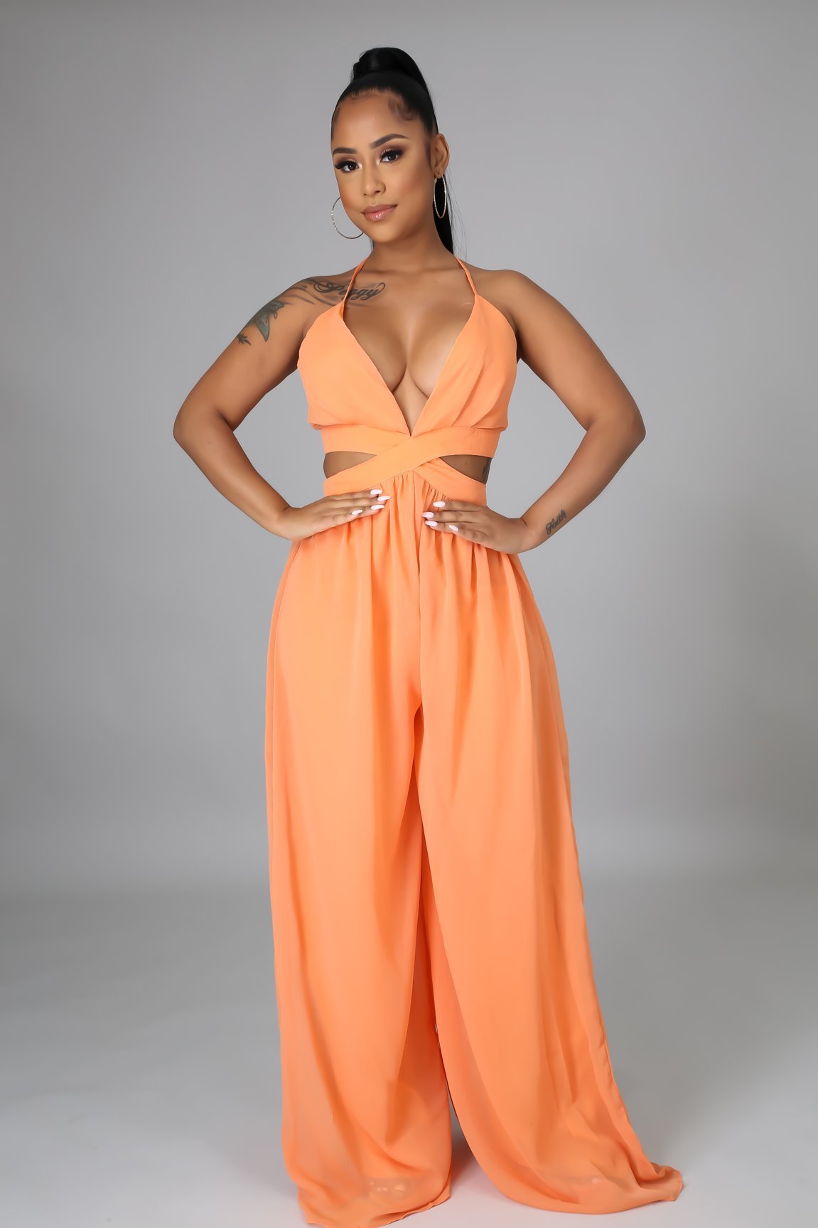 Wholesale Women Solid Color Casual Loose Chiffon Jumpsuit