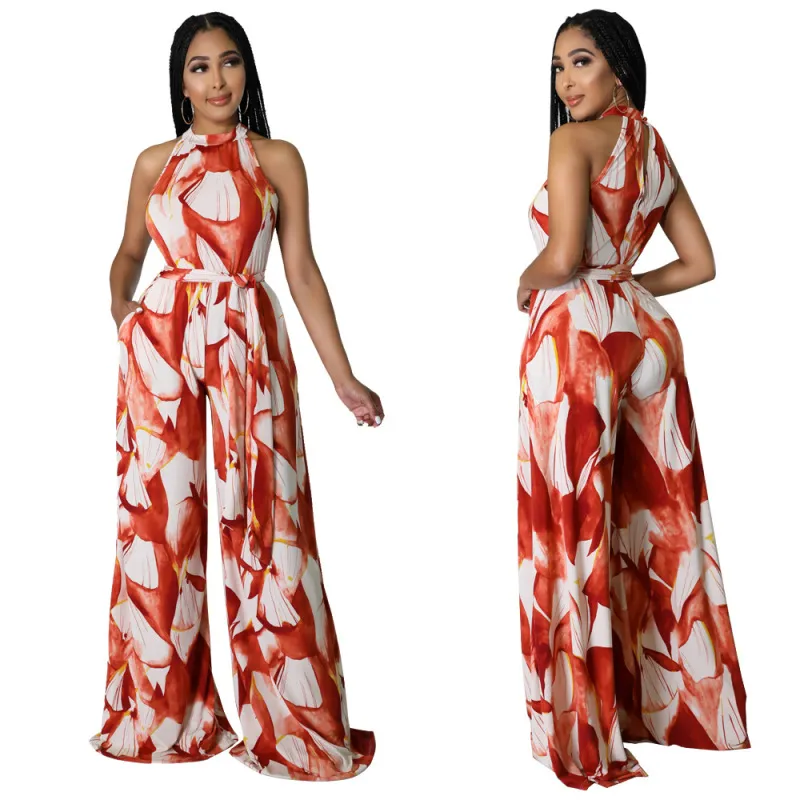 Women Halter Neck Off Shoulder Wide Leg Print Jumpsuit