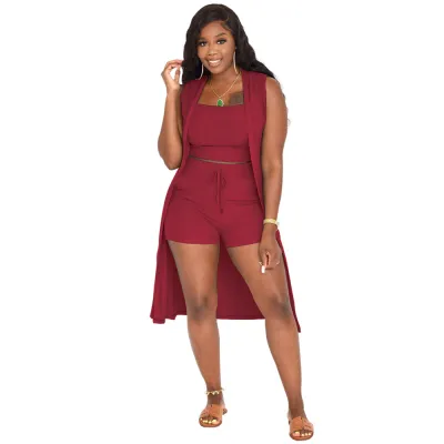 Women Solid Color Tanks Top And Shorts Three-Piece Suit