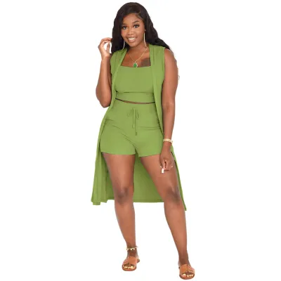 Women Solid Color Tanks Top And Shorts Three-Piece Suit