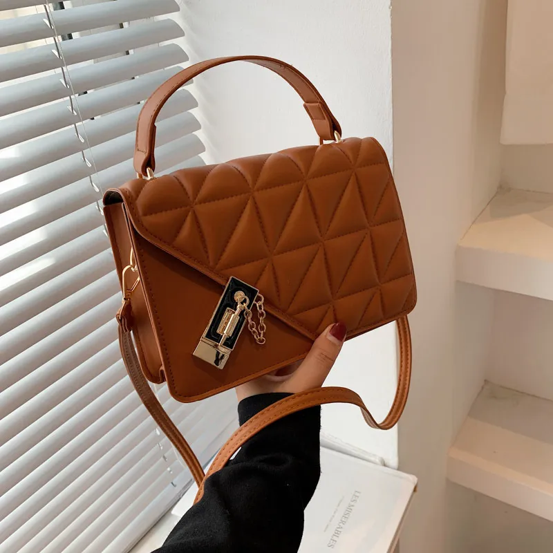 Retro Solid Plaid Simple PU Small Square Shoulder Bag with Lock
