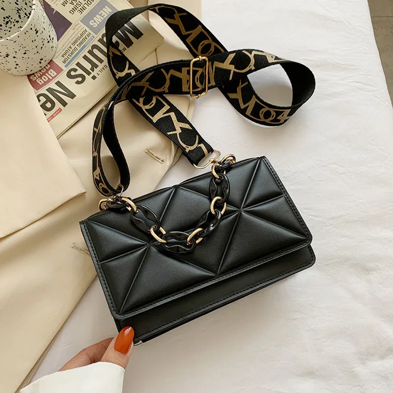 Simple Solid Color Wide Shoulder Strap Thick Chain Shoulder Bag Small Square PU