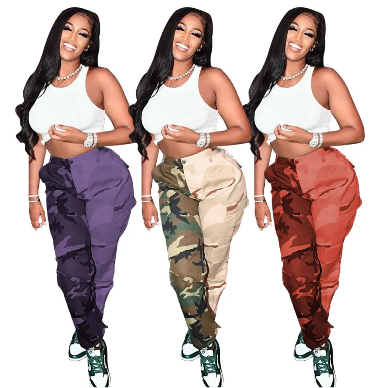 Women Camouflage Print Two Colors Splicing Pants
