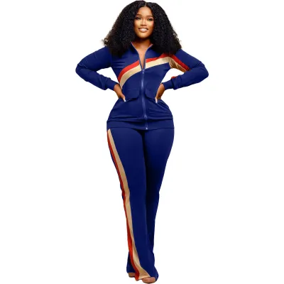 Women Athleisure Sports Casual Long Sleeve Color Blocking Top And Pants Two Piece Set