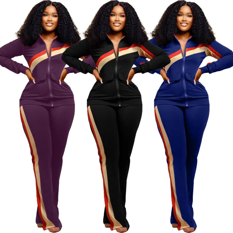 Women Athleisure Sports Casual Long Sleeve Color Blocking Top And Pants Two Piece Set