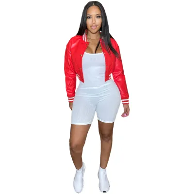 Women Casual Color Blocking Long Sleeve PU Leather Baseball Jacket