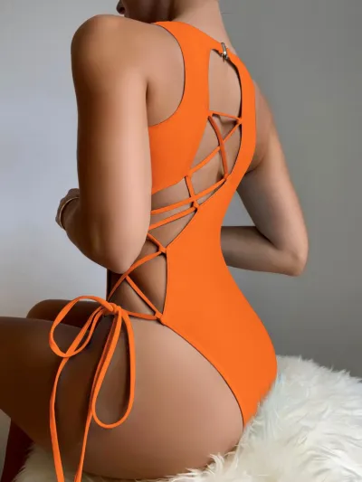 Women Hollow Lace Solid Color One Piece Swimsuit