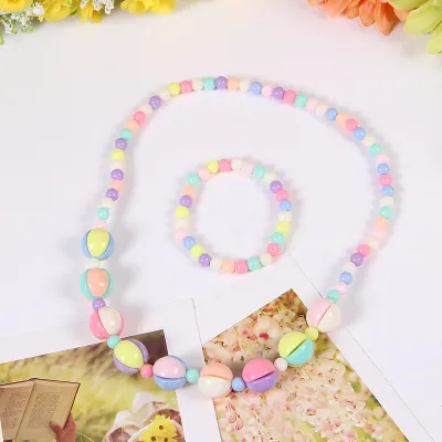 Kids Candy Color Plastic Beads Plant Flower Necklace Bracelet Two Piece Set