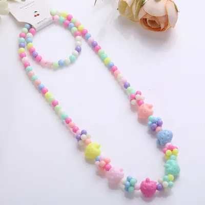 Kids Candy Color Plastic Beads Plant Flower Necklace Bracelet Two Piece Set